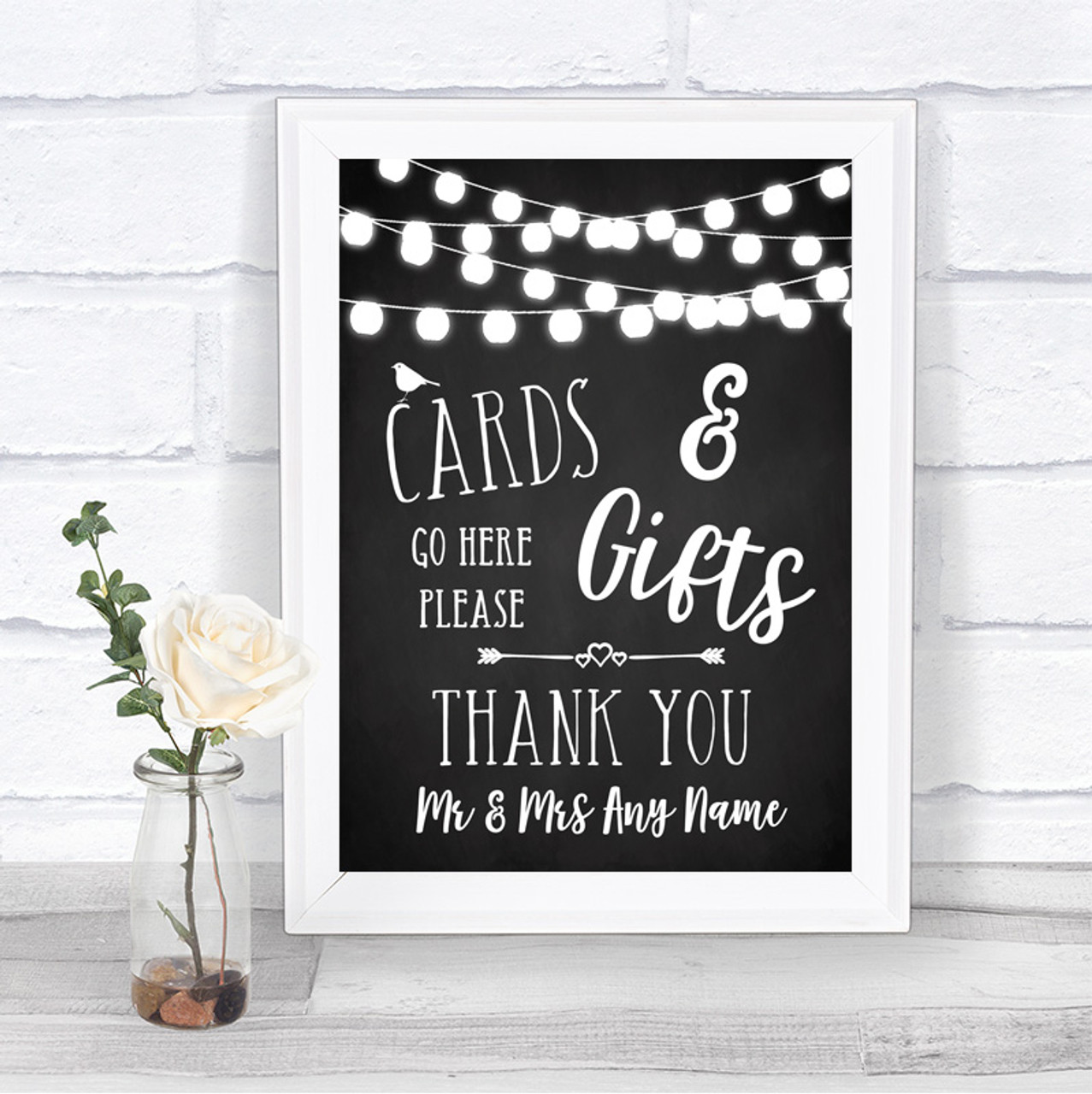 Chalk Style Black & White Lights Cards & Gifts Table Personalized Wedding Sign - Red Heart Print chalk-style-black-white-lights-cards-gifts-table-personalized-wedding-sign-red-heart-print