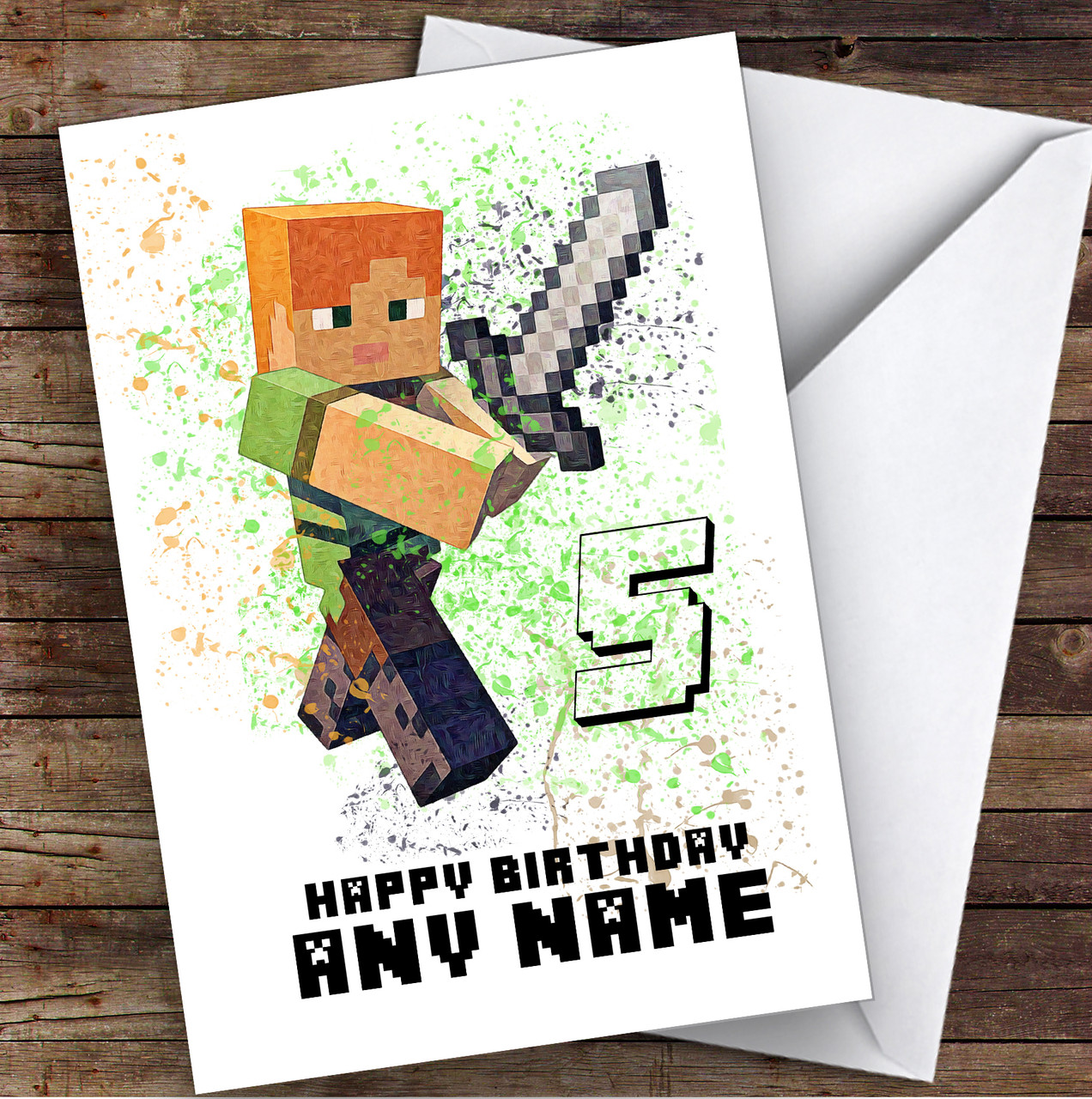 minecraft alex splatter art children s kids personalized birthday card red heart print