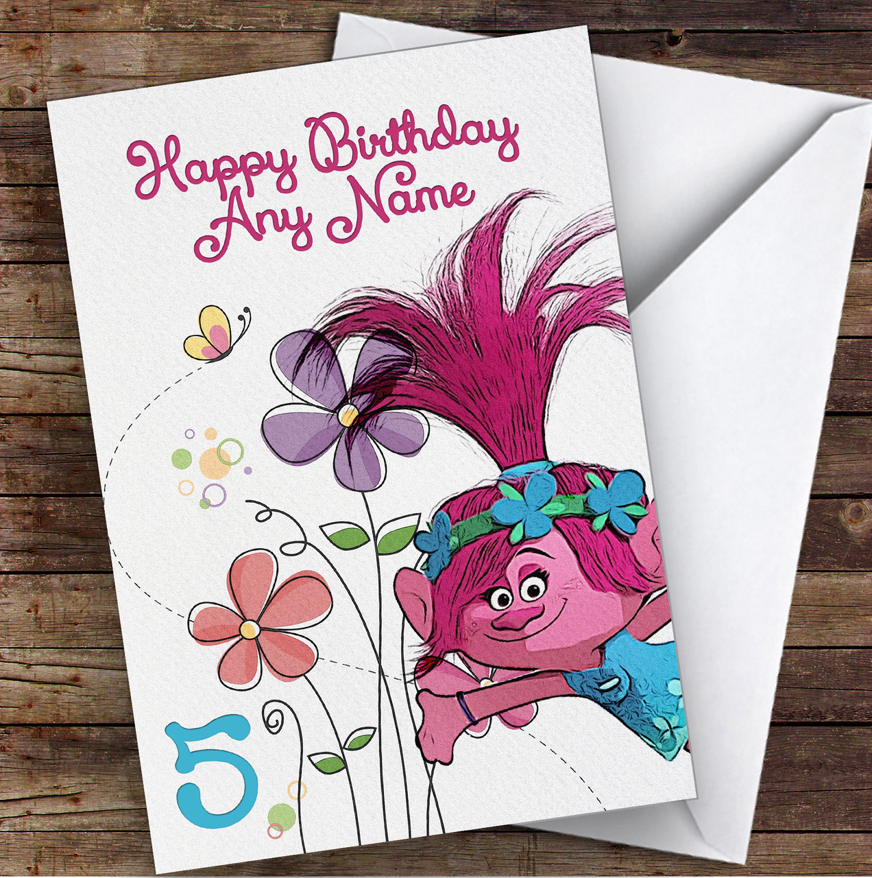 Trolls Children's Kids Personalized Birthday Card - Red Heart Print