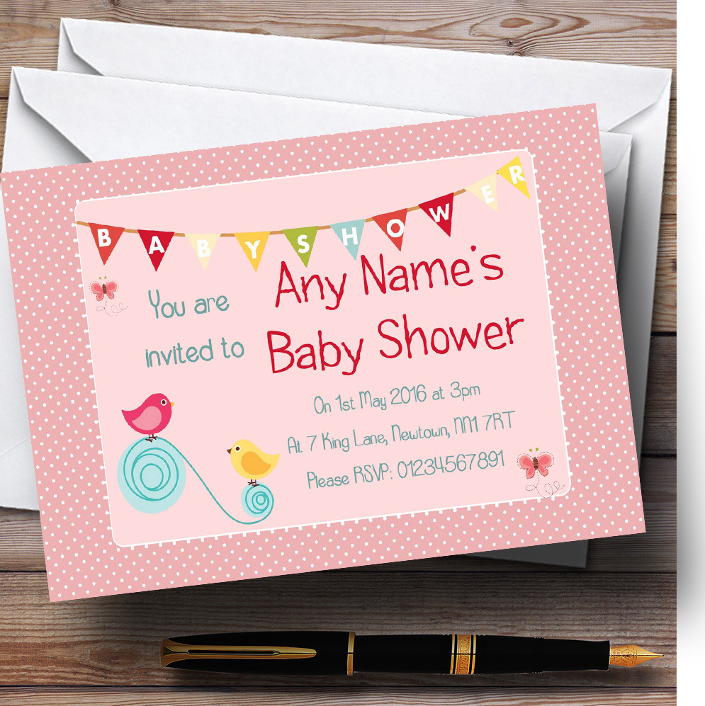 Sweet Birds Pink Girl Personalized Baby Shower Invitations Red Heart Print