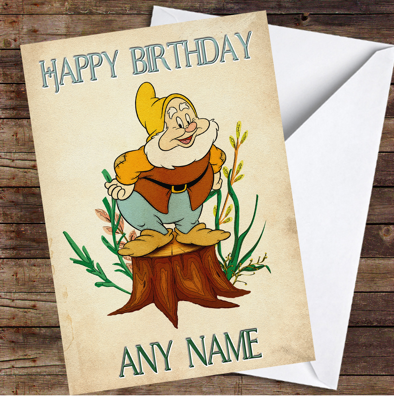 Happy Dwarf Snow White Tree Stump Vintage Personalized Birthday Card - Red  Heart Print