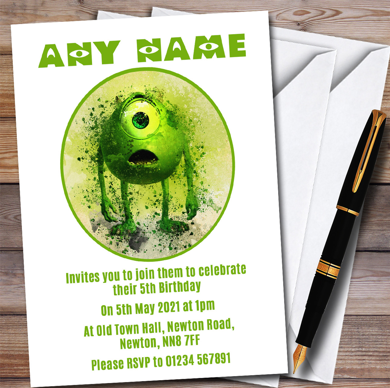 Monsters Inc Mike Wazowski Children's Personalized Birthday Party Invitations - Red Heart Print monsters-inc-mike-wazowski-children-s-personalized-birthday-party-invitations-red-heart-print