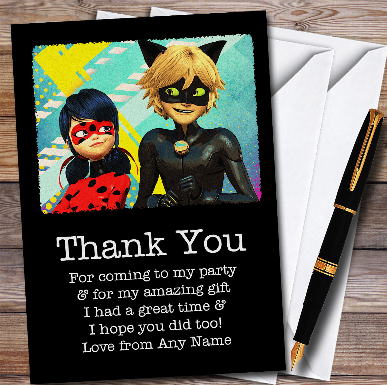 Miraculous Ladybug Bright Personalized Birthday Party Thank You Cards - Red Heart Print