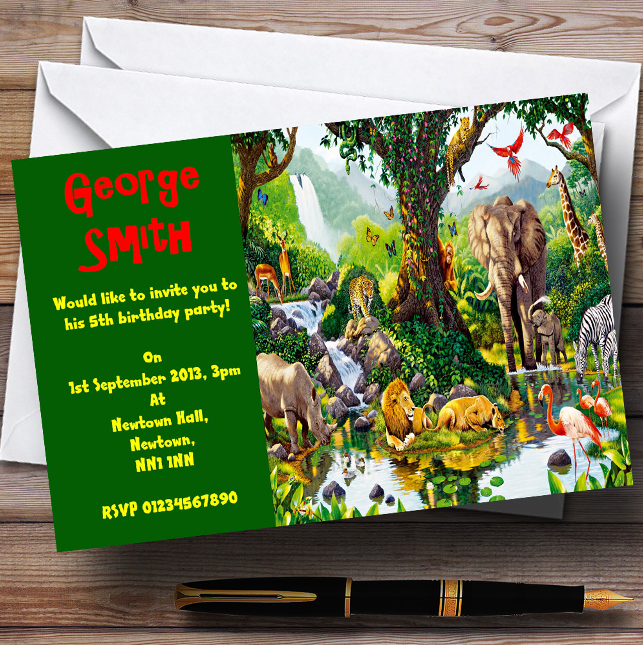 Green Jungle Animals Personalised Children's Party Invitations