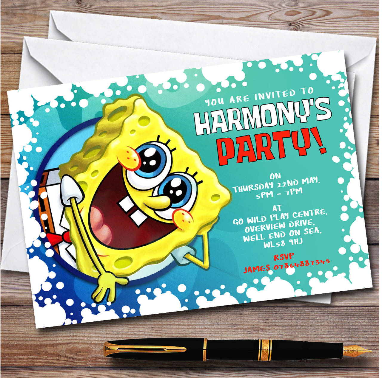 Spongebob Green Splatter personalized Children's Kids Birthday Party  Invitations