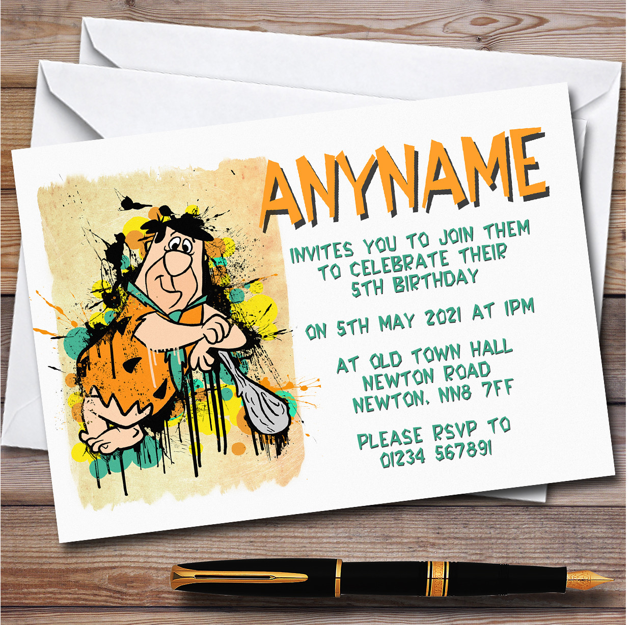 The Flintstones Fred Smudge Splatter Children's Birthday Party Invitations  - Red Heart Print