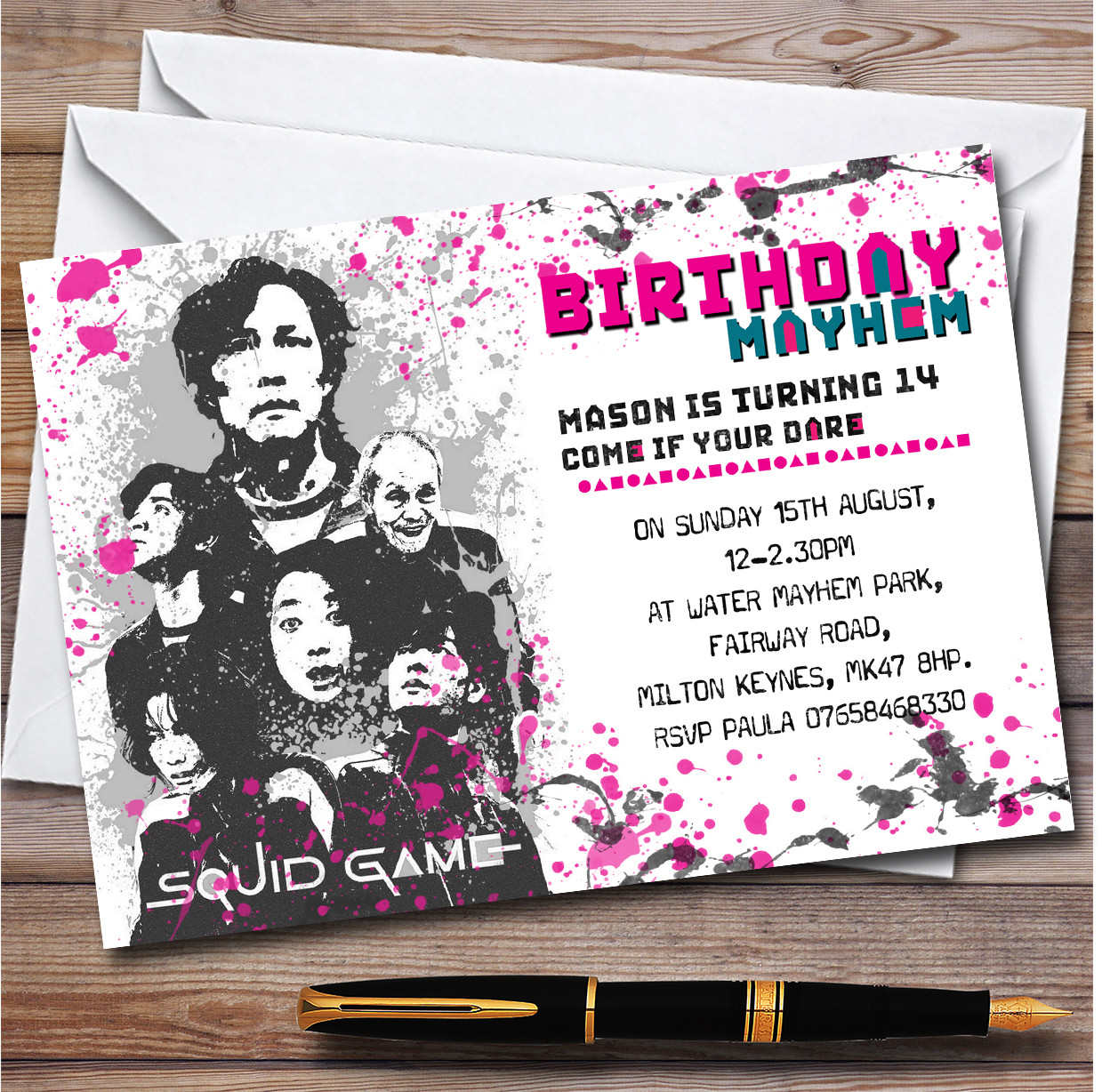 Squid Games Black & White Splatter personalized Birthday Party Invitations  - Red Heart Print