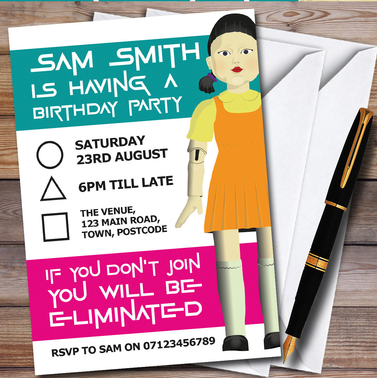 Squid Game Doll colorful personalized Birthday Party Invitations - Red  Heart Print