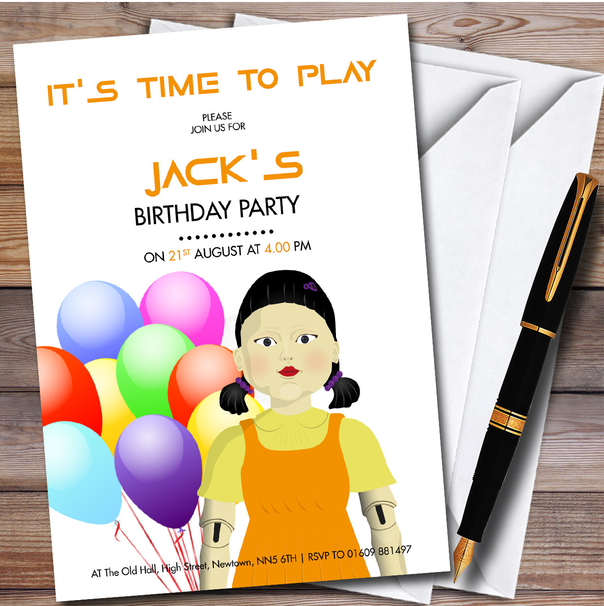 Squid Game Doll Balloons personalized Birthday Party Invitations - Red  Heart Print