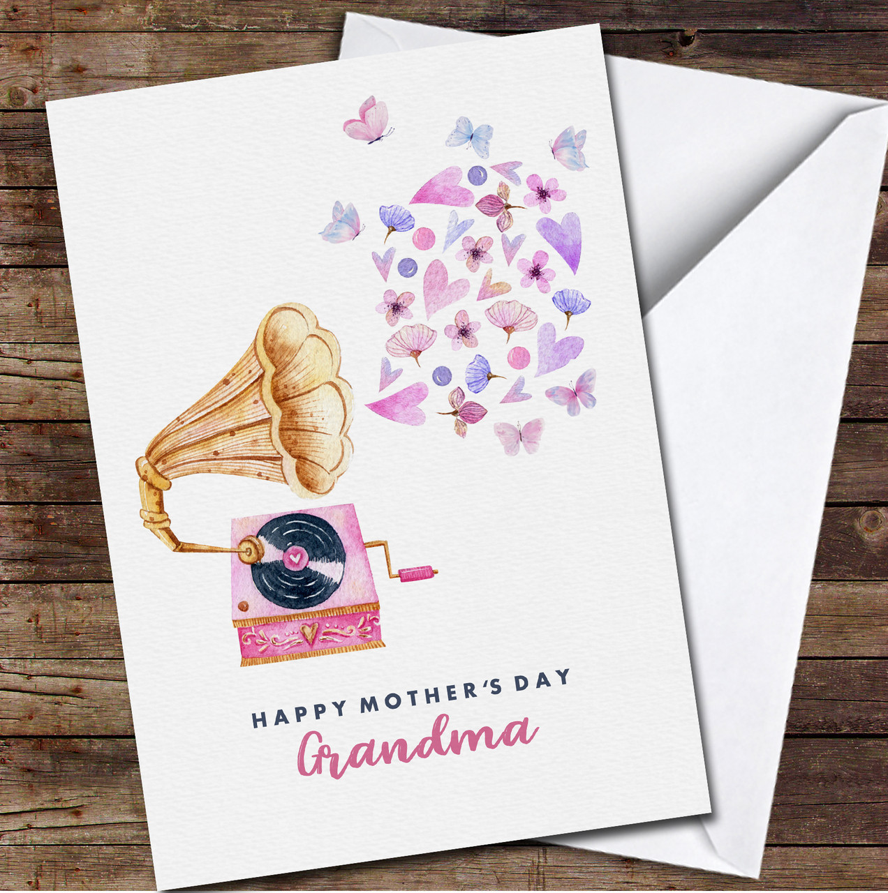 Retro Watercolor Gramophone Grandma Personalized Mother's Day Card - Red  Heart Print