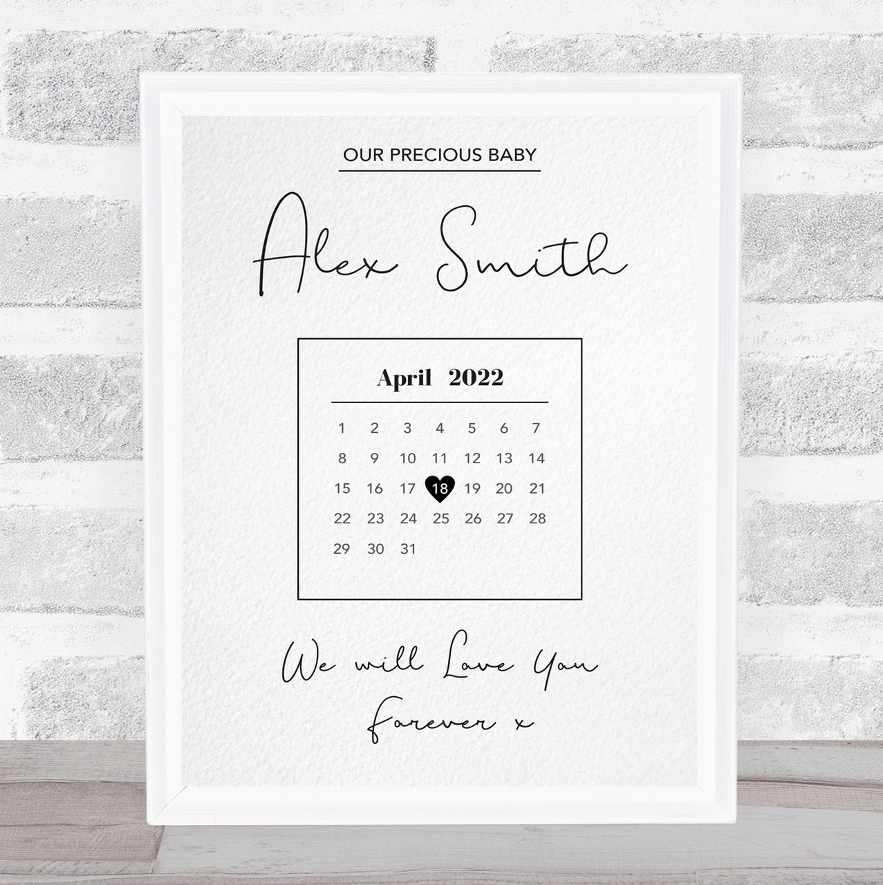 Precious Baby Due Date Birthday Special Date Calendar Memorial Keepsake  Print - Red Heart Print