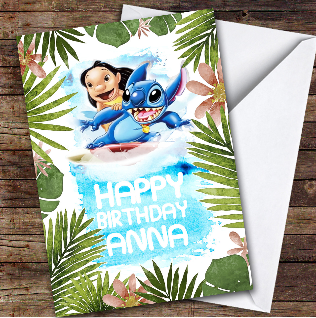 Lilo & Stitch Happy Leaves Kids Personalized Children's Birthday Card - Red  Heart Print