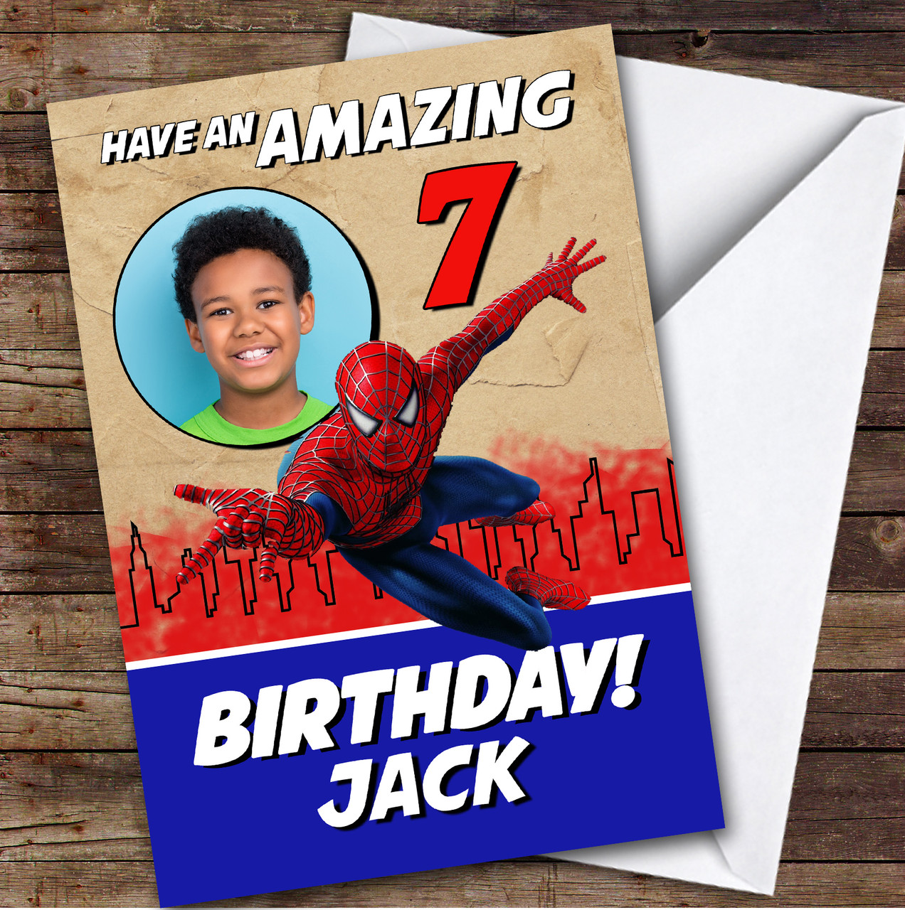 Spiderman Amazing Photo & Any Age Kids Personalized Children's Birthday Card  - Red Heart Print