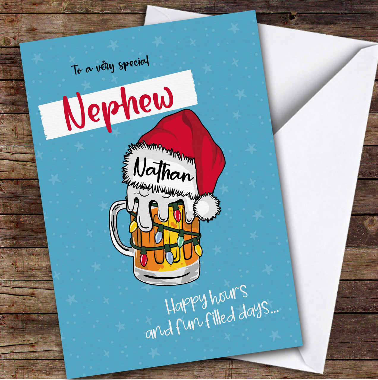 nephew-santa-s-hat-on-beer-glass-custom-greeting-personalized-christmas-card-red-heart-print