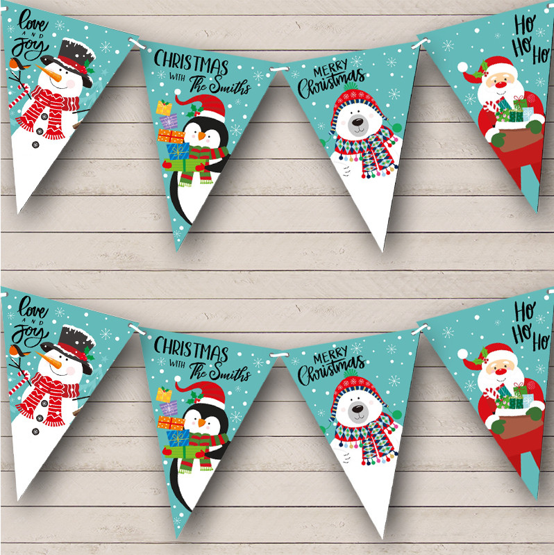 Snowman Santa Claus Personalized Christmas Banner Decoration Bunting - Red Heart Print snowman-santa-claus-personalized-christmas-banner-decoration-bunting-red-heart-print