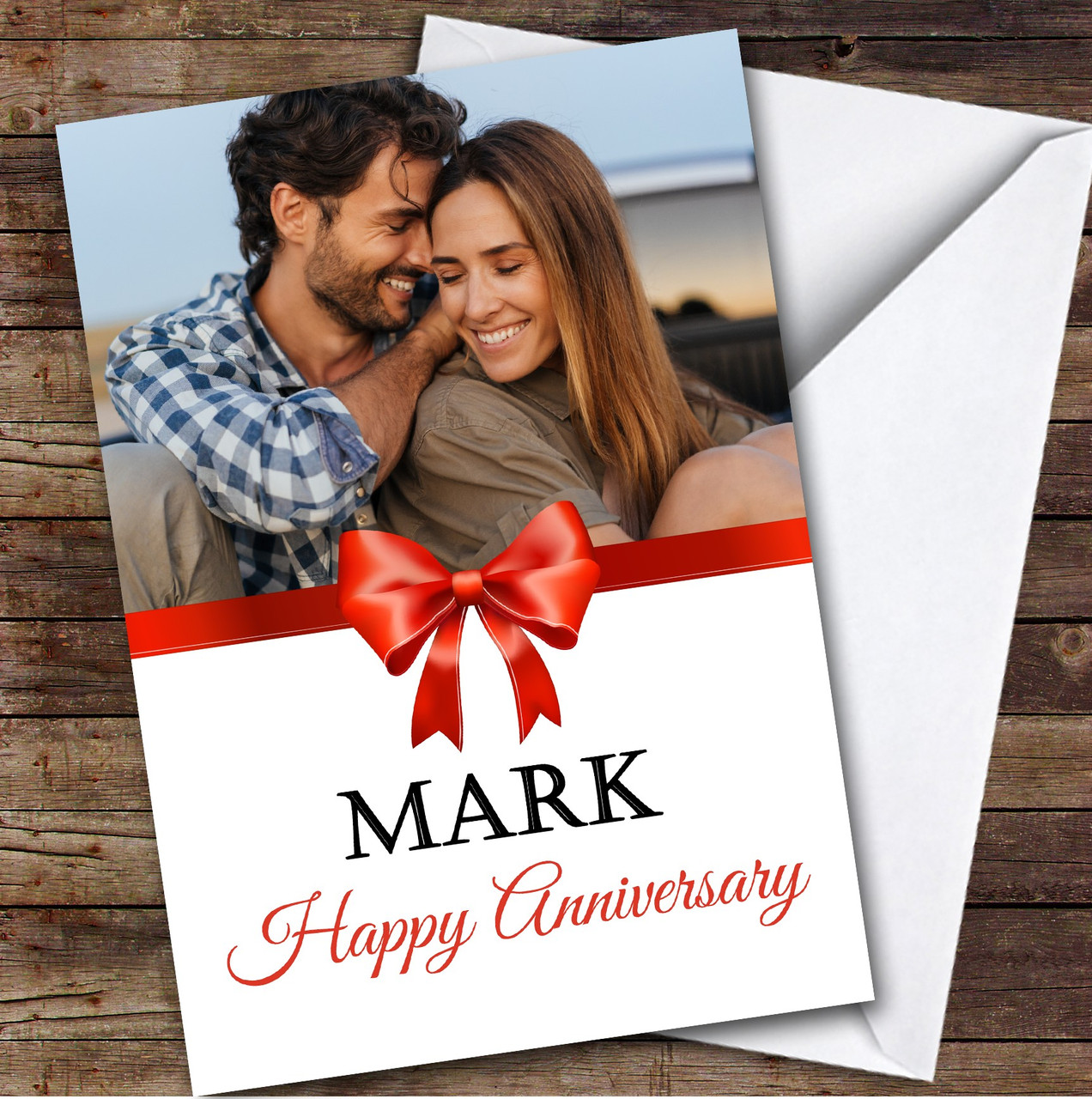 Personalized Red Ribbon Bow Romantic Photo Happy Anniversary Card - Red ...