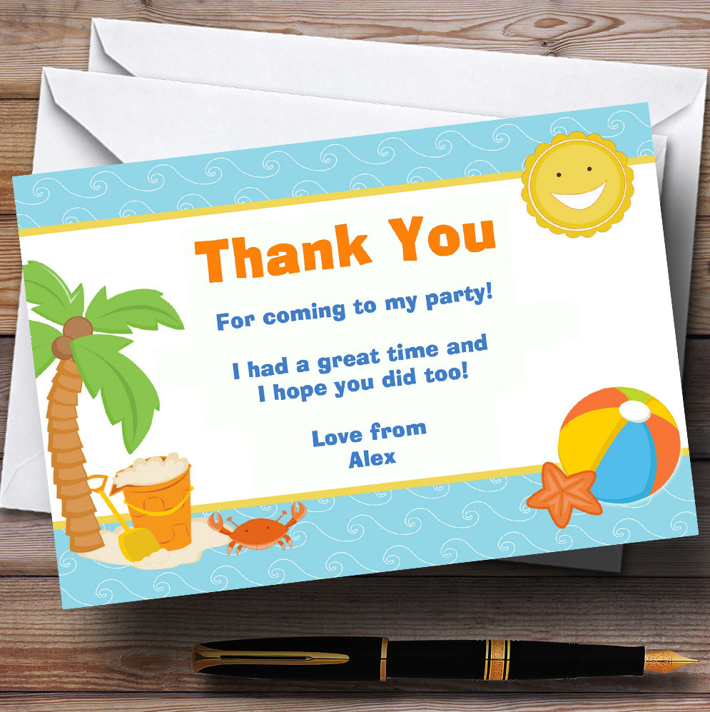 Beach Holiday Swimming Pool Personalized Birthday Party Thank You Cards -  Red Heart Print