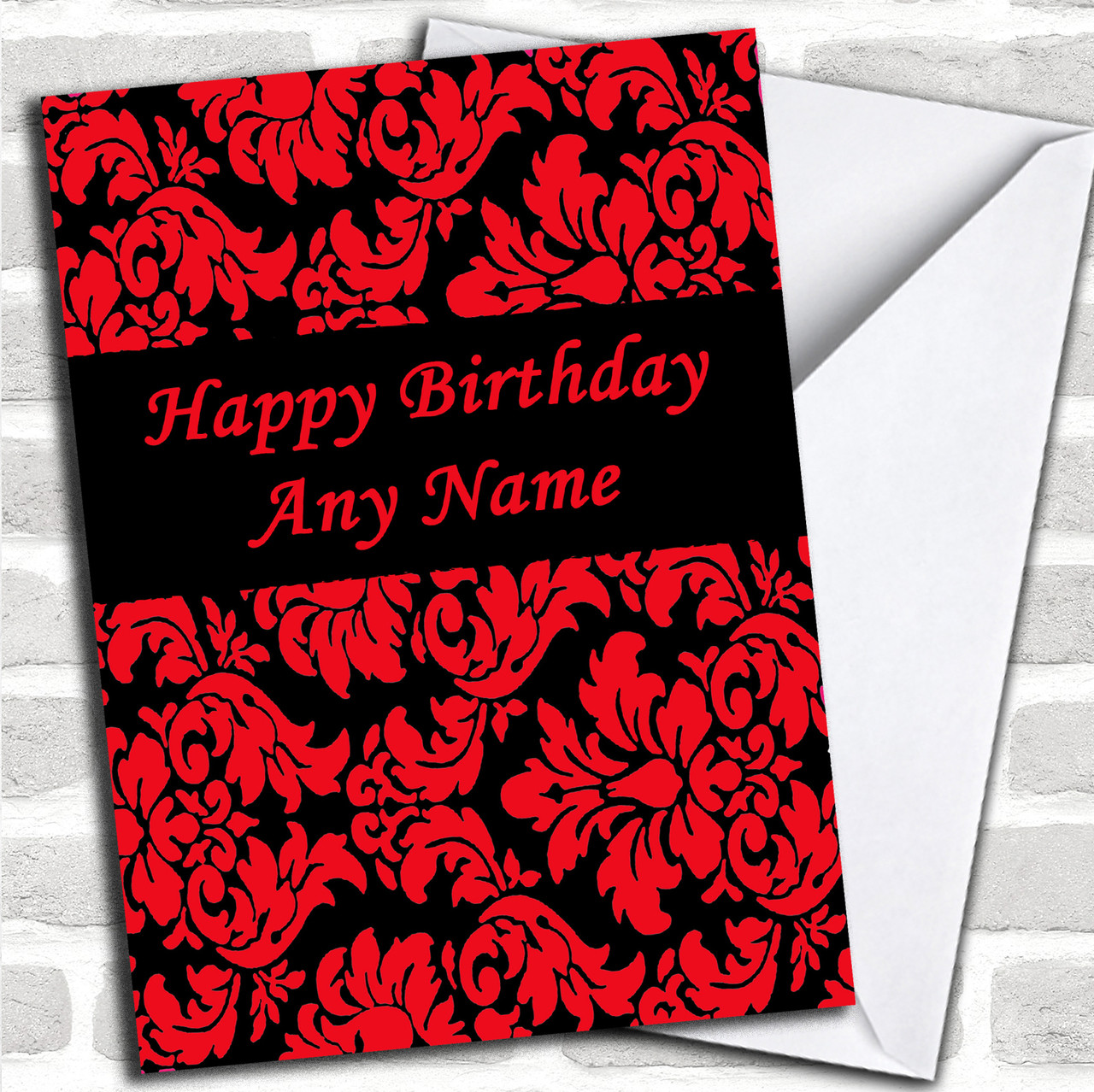Floral Black Red Damask Personalized Birthday Card - Red Heart Print