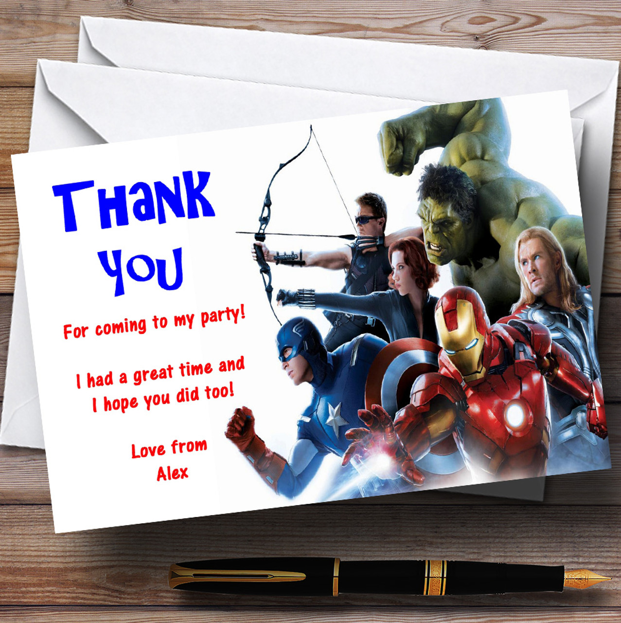 The Avengers Superheroes Personalized Children's Party Thank You Cards - Red Heart Print the-avengers-superheroes-personalized-children-s-party-thank-you-cards-red-heart-print