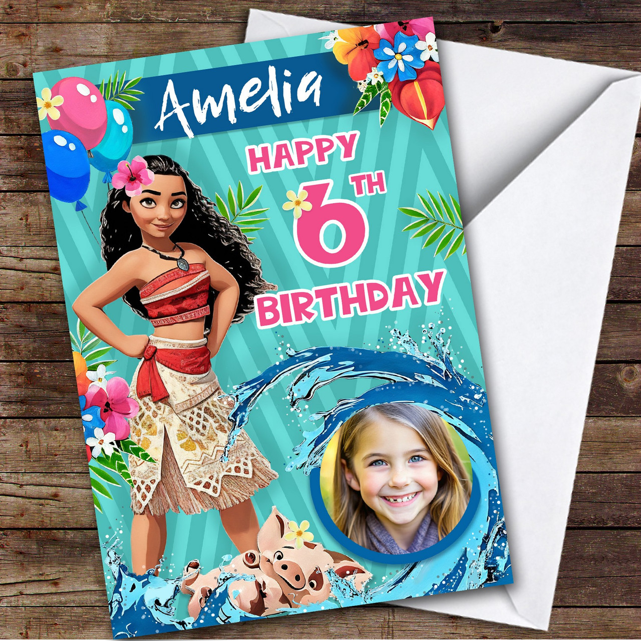 Moana Sea Blue Girl's Photo Any Age Children's Personalized Kid's Birthday Card - Red Heart Print for Free Printable Moana Birthday Cards