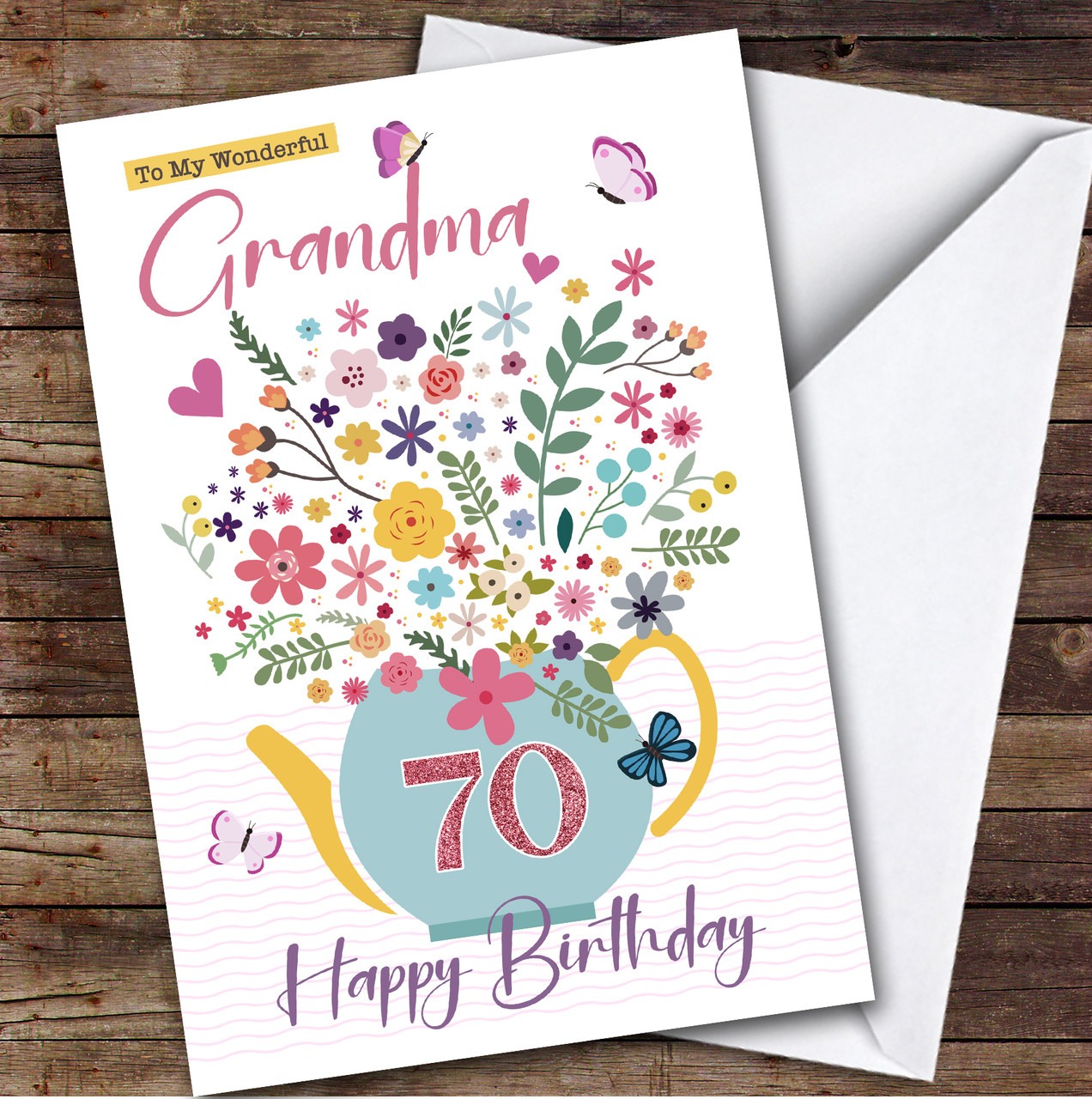 Personalized Grandma 70th Birthday Card Tea Pot - Red Heart Print