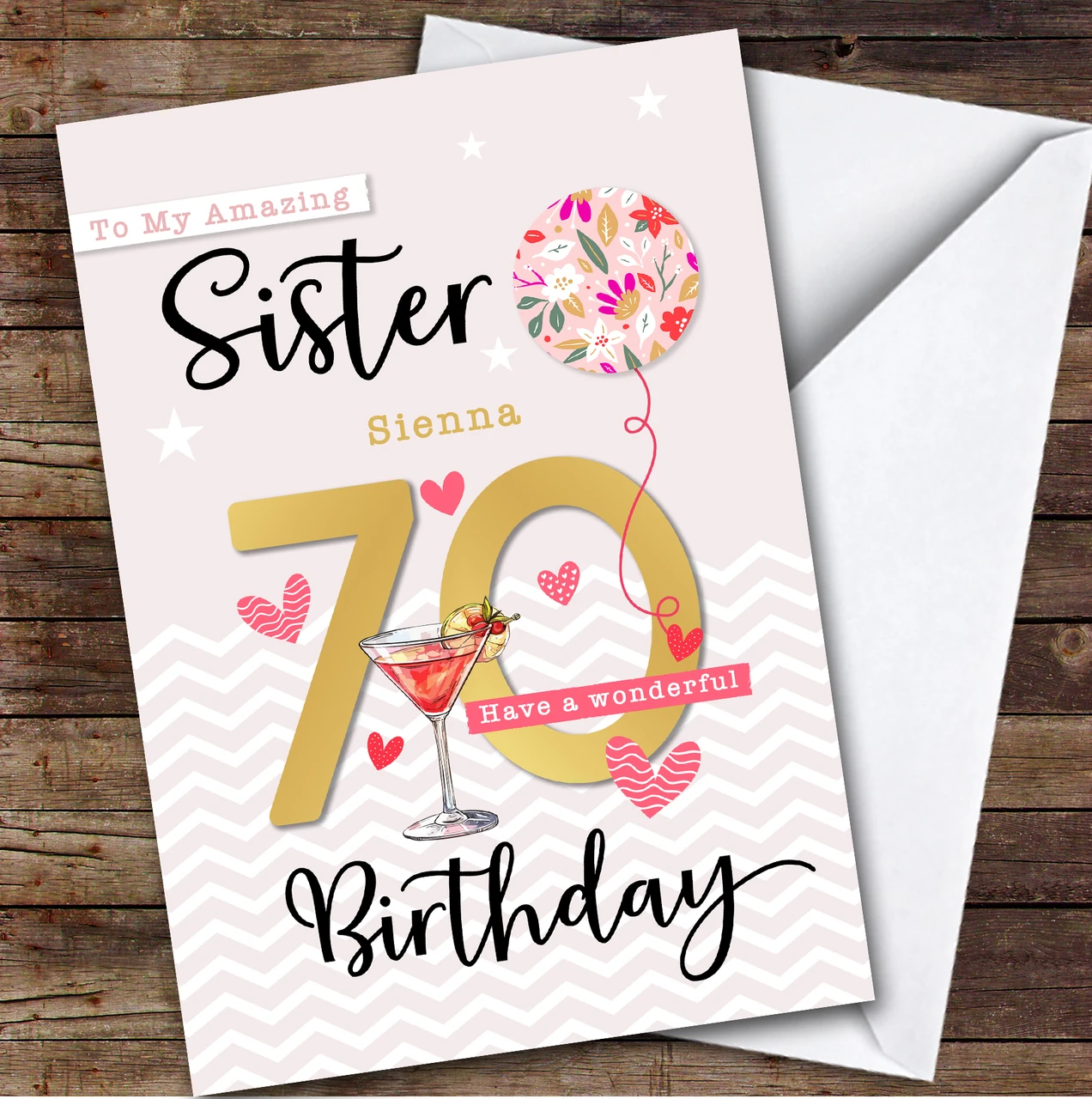 Personalized Sister 70th Birthday Card Balloon Hearts - Red Heart Print