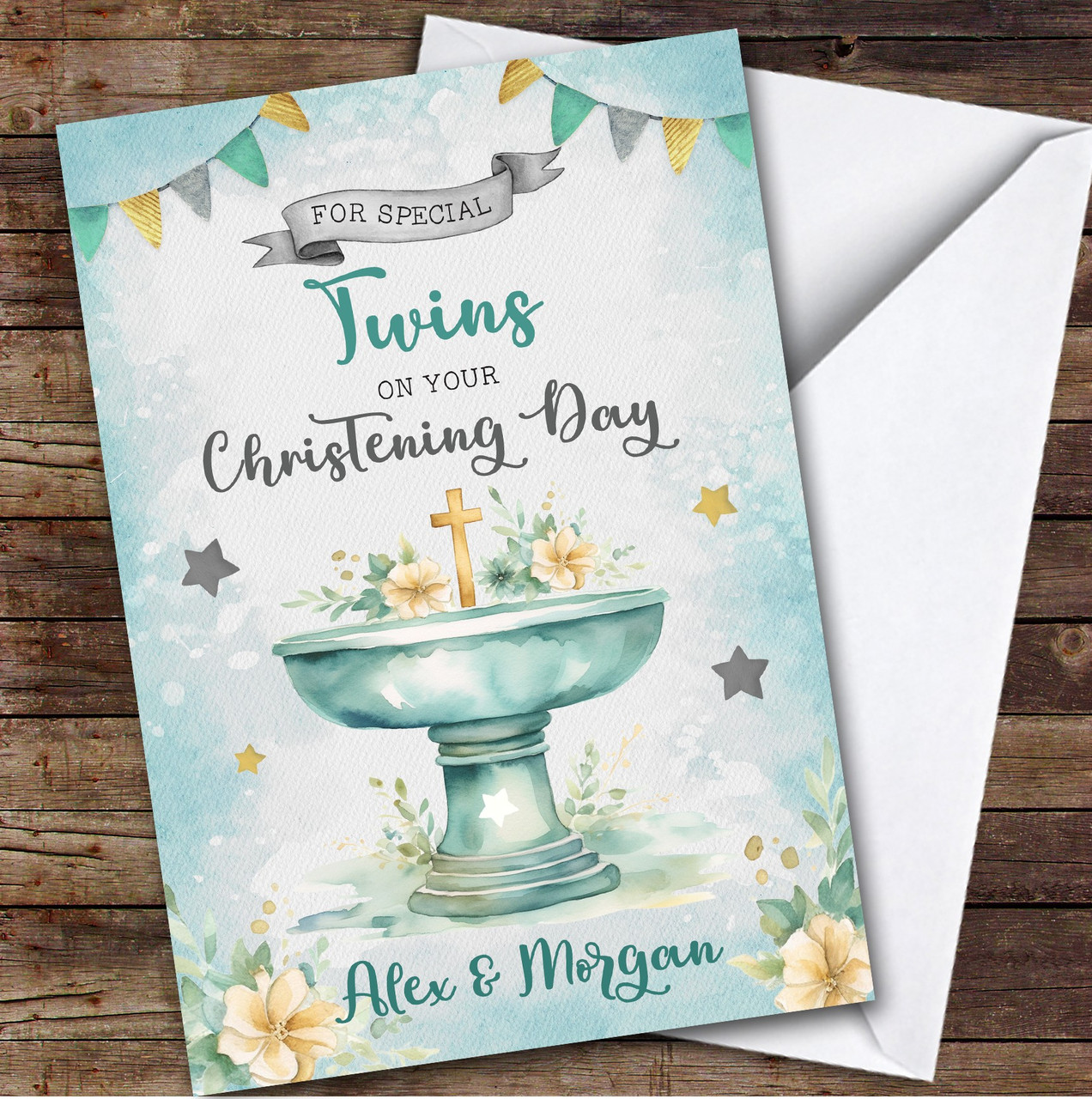 Personalized Christening Day Card For Twins Boys Cross Font Green - Red
