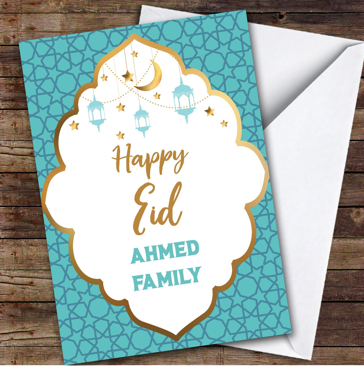 Personalized Eid Card For Anyone Blue Pattern - Red Heart Print