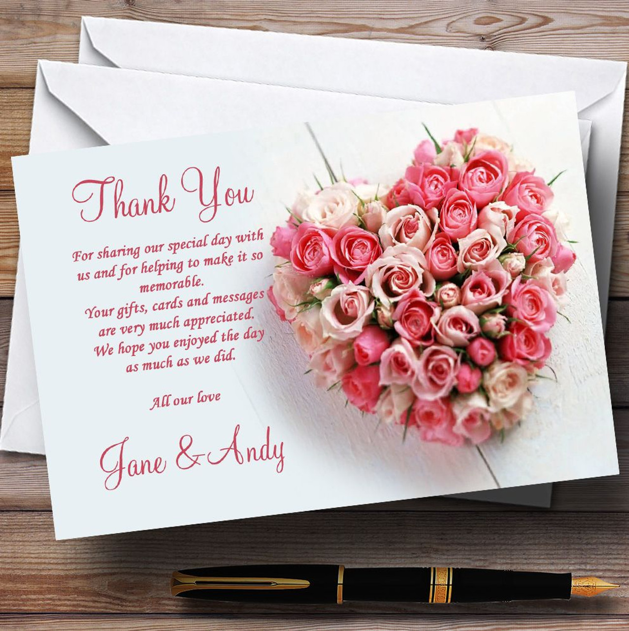 Pink Heart Roses Personalized Wedding Thank You Cards - Red Heart