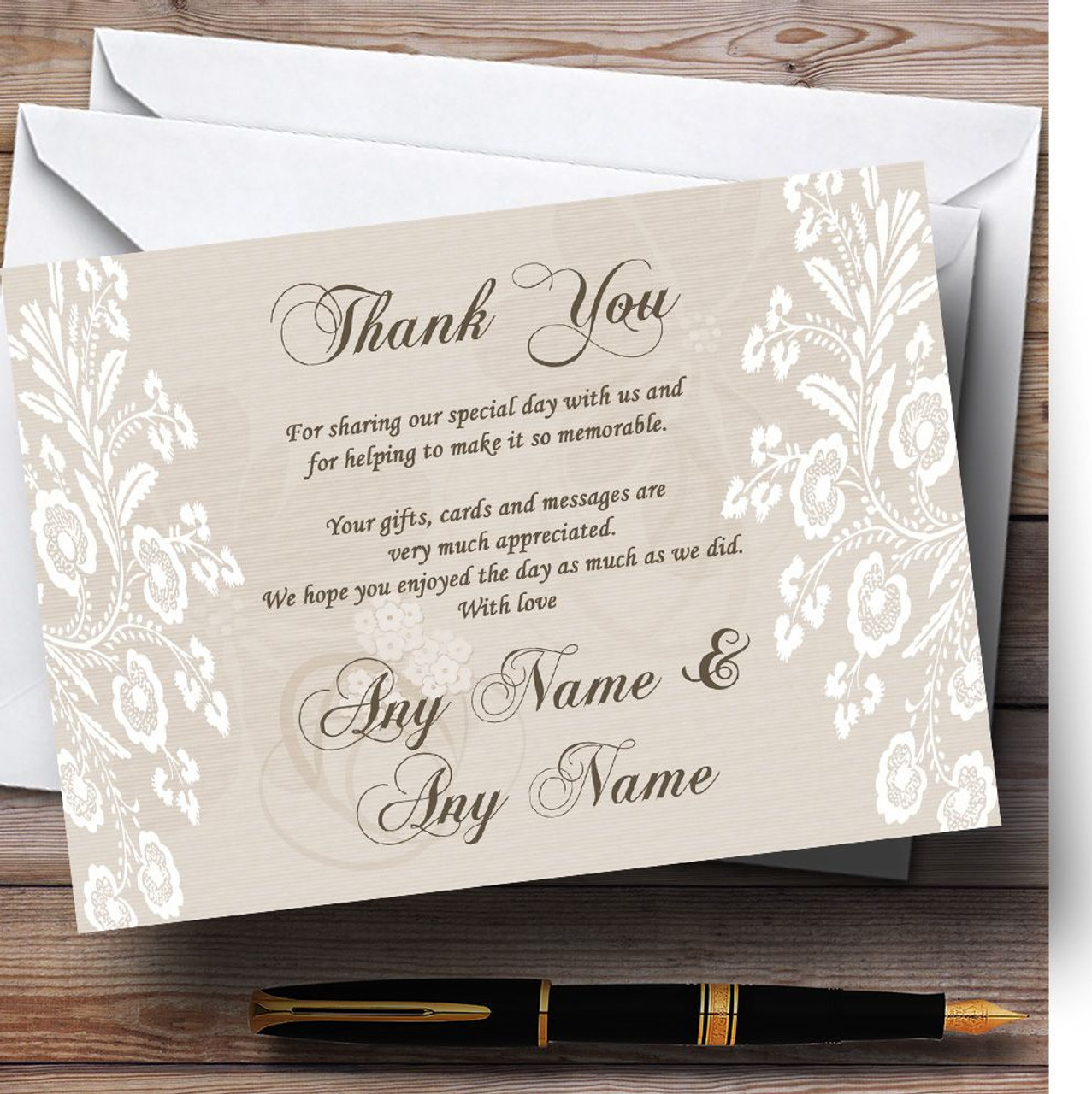 Vintage Lace Beige Chic Personalized Wedding Thank You Cards - Red Heart  Print