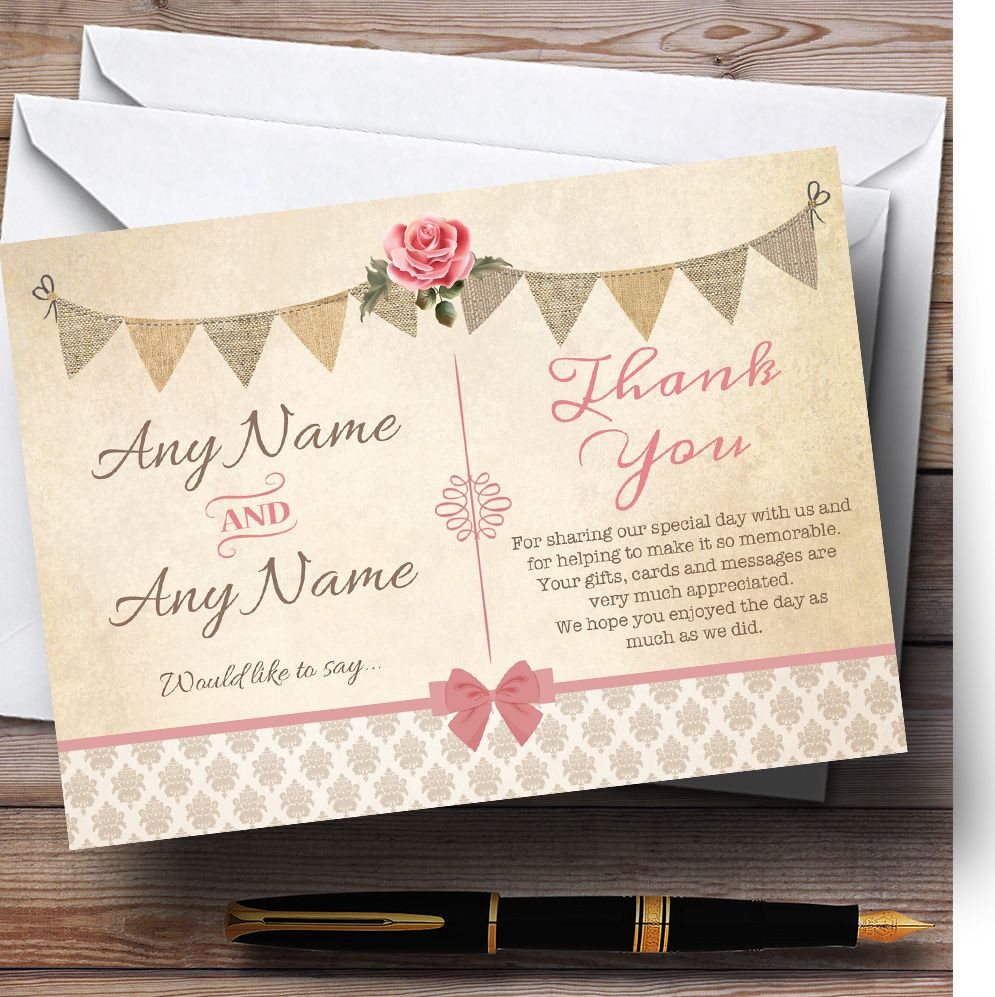 Vintage Rustic Style Bunting Pink Rose Personalized Wedding Thank You Cards Red Heart Print