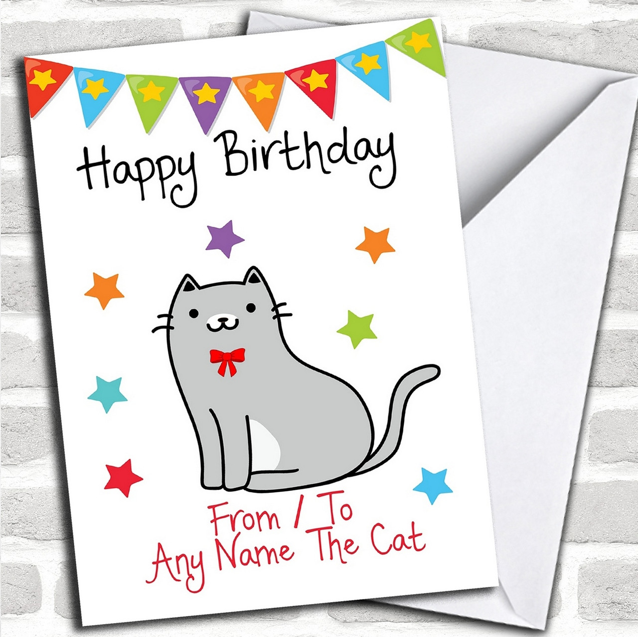 To From Pet Grey & White Cat Personalized Birthday Card - Red Heart Print