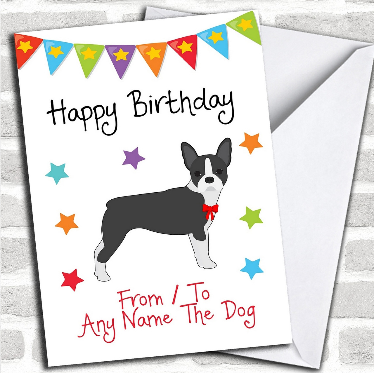 To From Dog Boston Terrier Personalized Birthday Card Red Heart Print