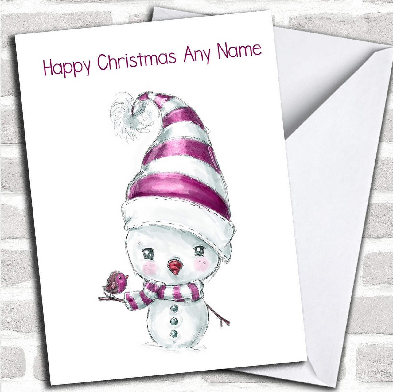 Doodle White Pink Snowman & Robin Personalized Cute Christmas Card - Red Heart Print doodle-white-pink-snowman-robin-personalized-cute-christmas-card-red-heart-print