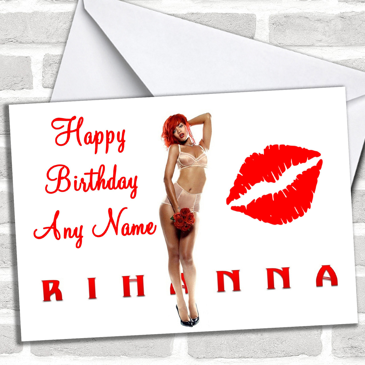 Rihanna In Underwear Personalized Birthday Card - Red Heart Print