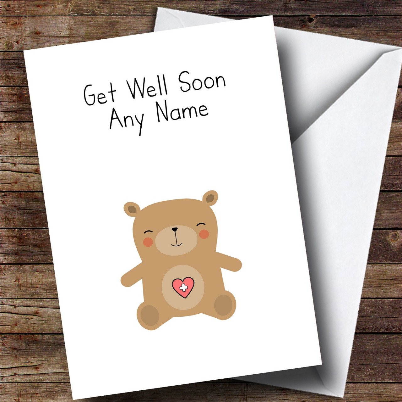 Personalized Teddy Bear Get Well Soon Card - Red Heart Print
