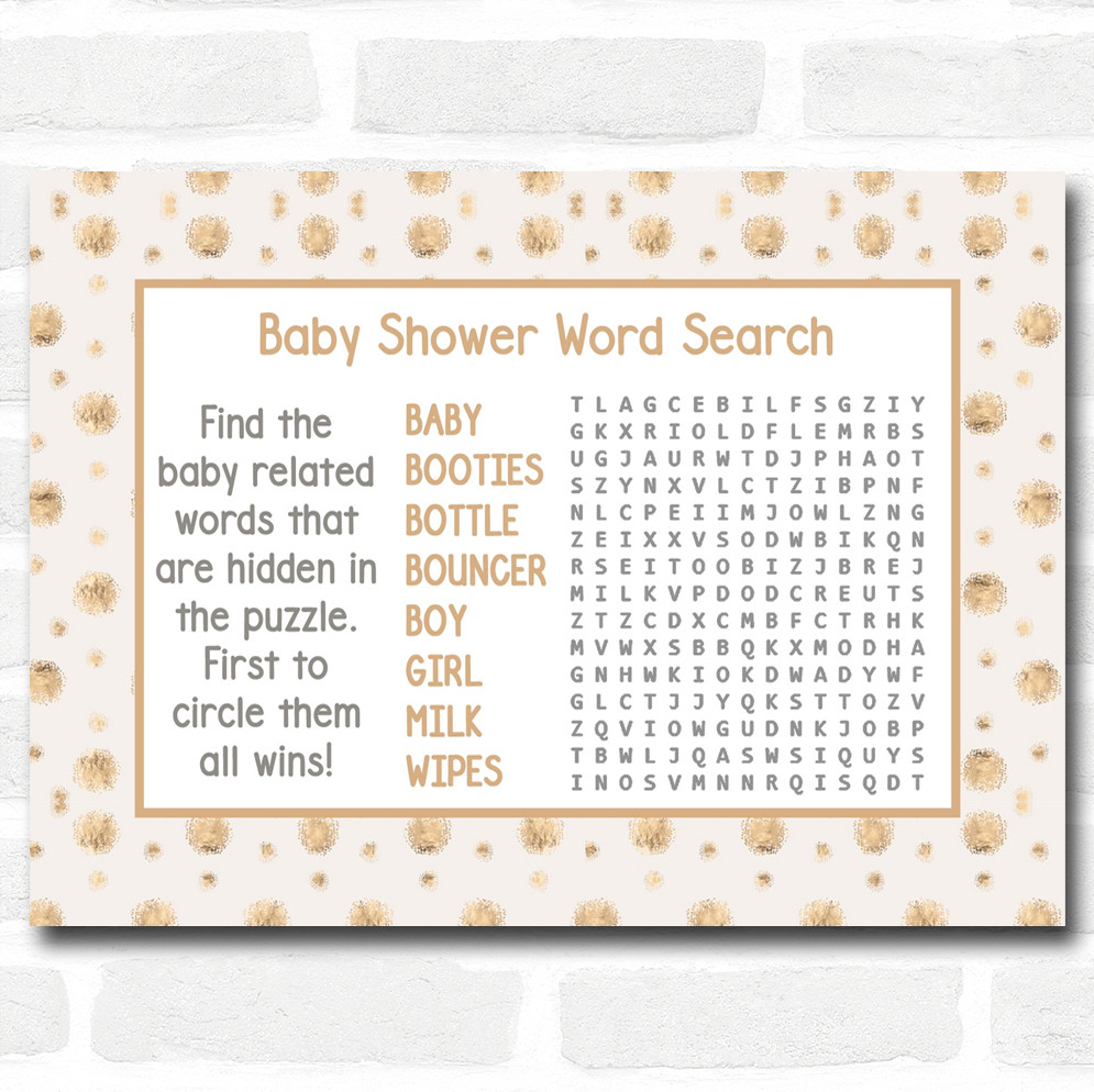 Neutral Gold Spots Baby Shower Games Word Search Cards Red Heart