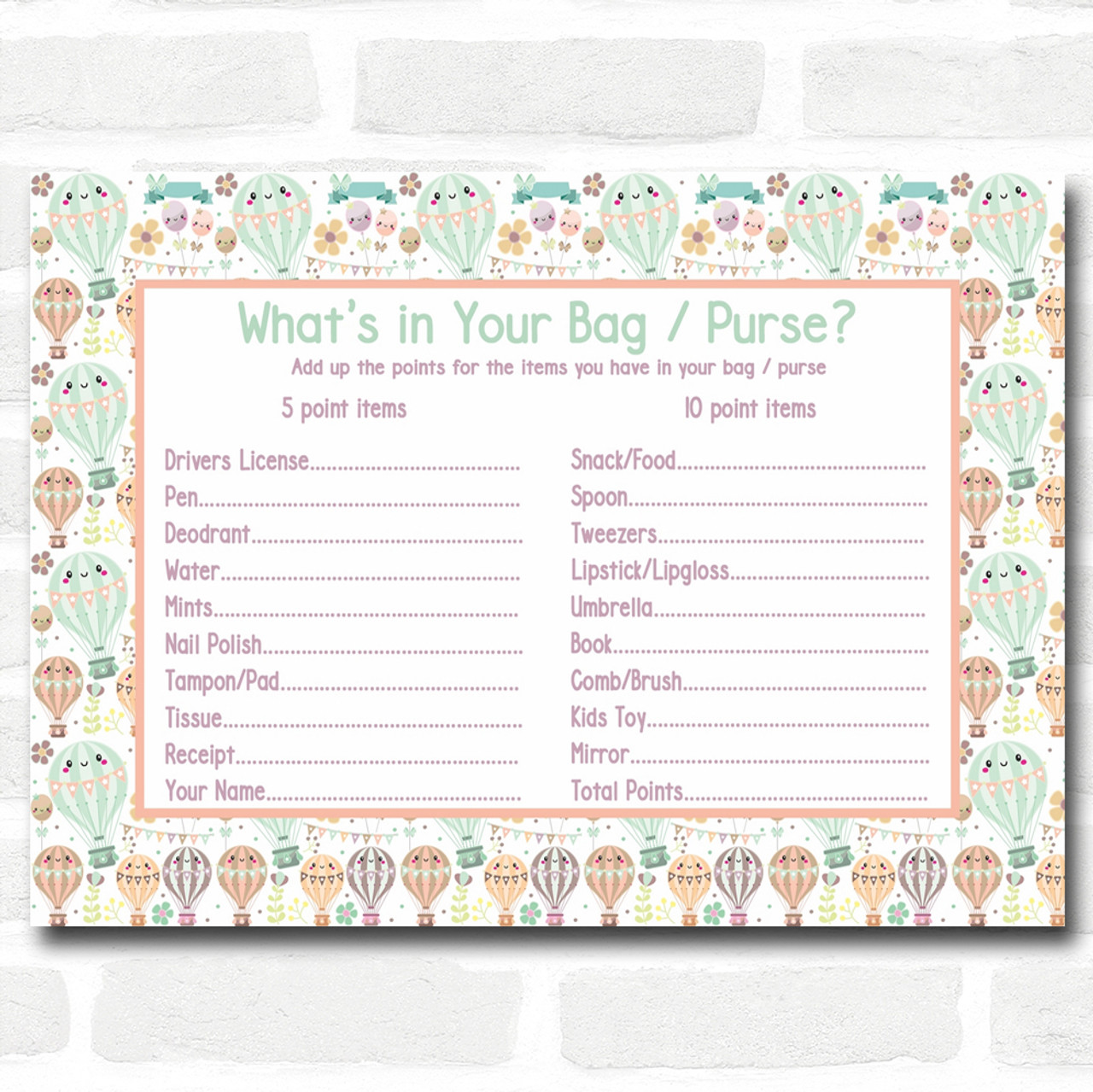 Neutral Hot Air Balloons Baby Shower Games What S In Your Bag Purse Neutral Hot Air Balloons Baby Shower Games What S In Your Bag Purse