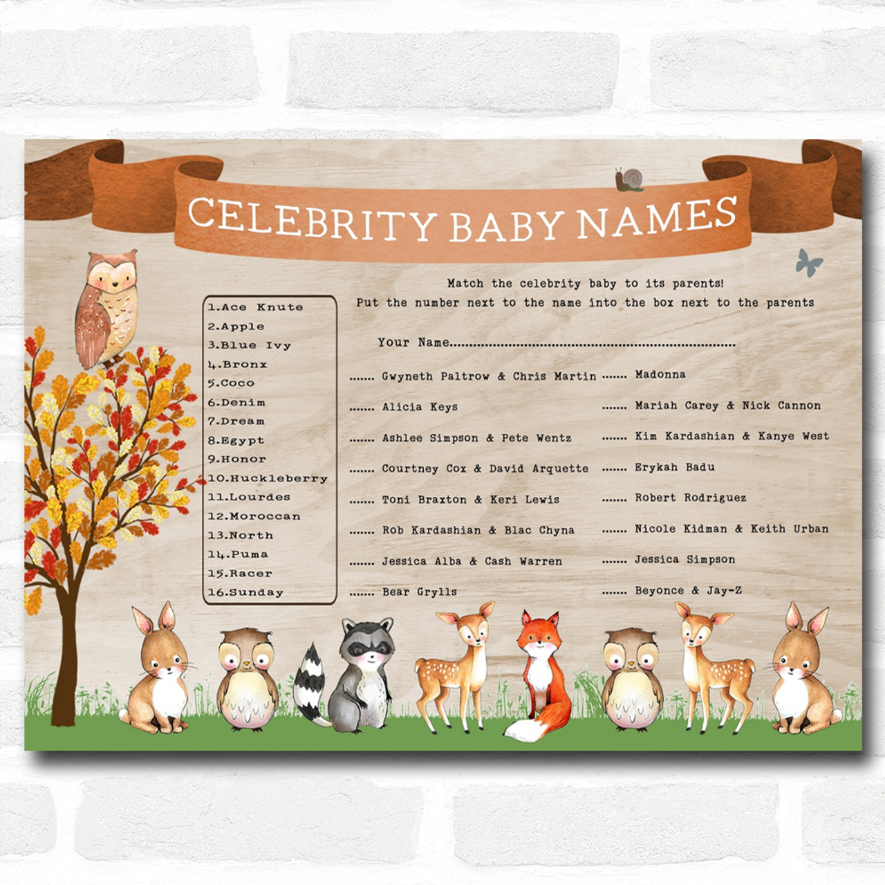 Woodland Animal Neutral Baby Shower Games Celebrity Baby Name Cards - Red Heart Print woodland-animal-neutral-baby-shower-games-celebrity-baby-name-cards-red-heart-print