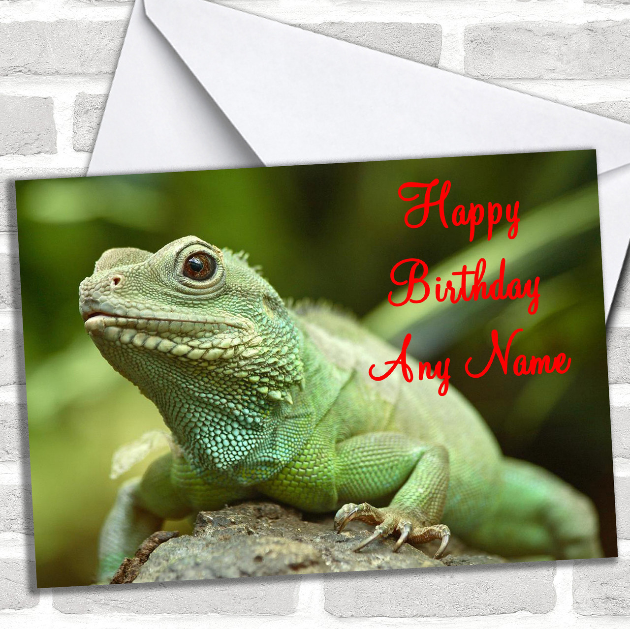 Cute Lizard Personalized Birthday Card - Red Heart Print