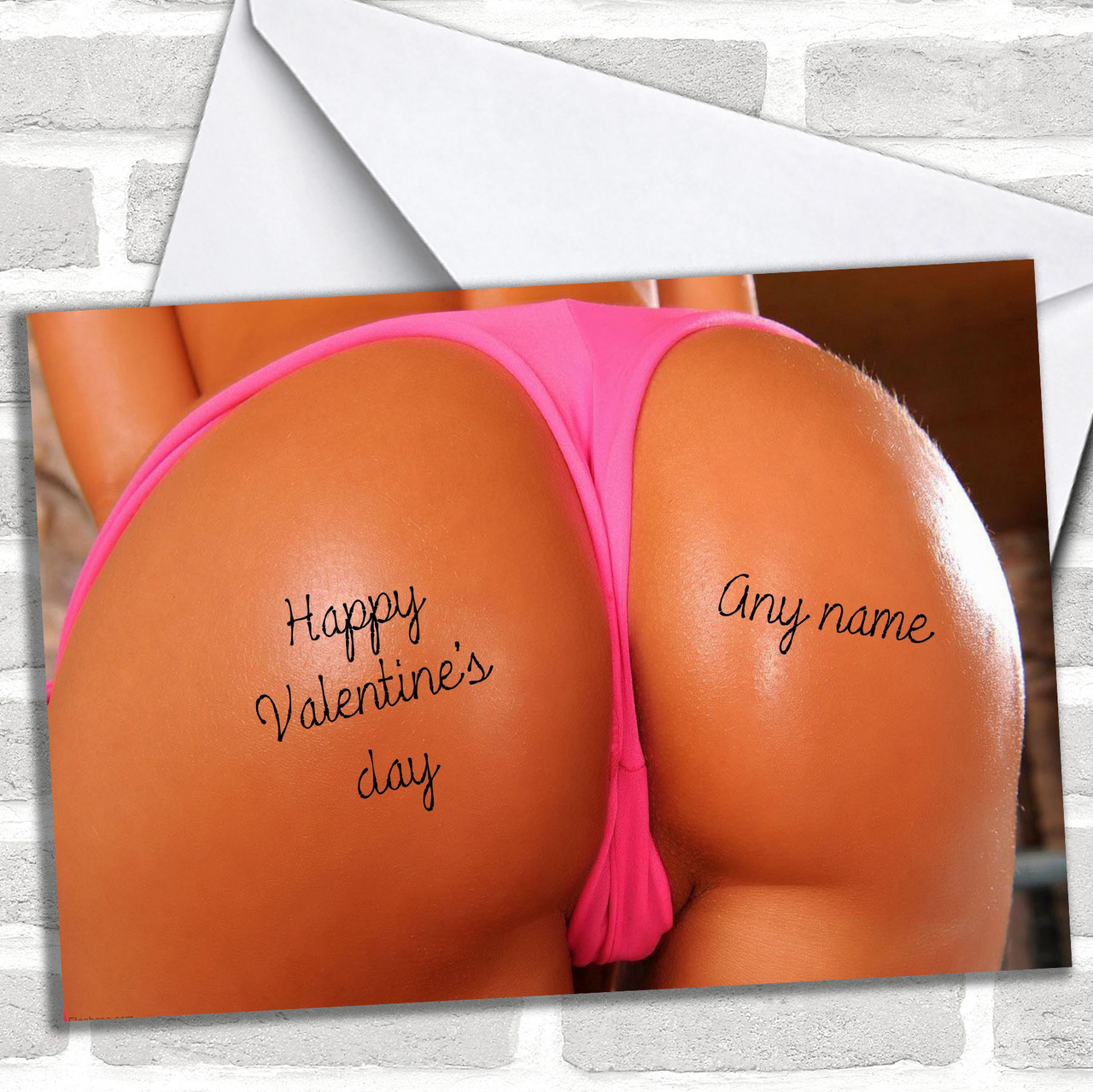 Pink Thong Sexy Bum Personalized Valentines Card - Red Heart Print