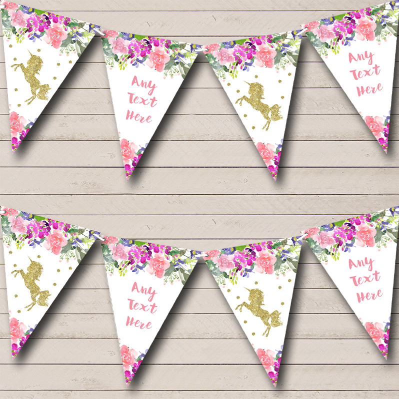 Floral Gold Unicorn Personalized Baby Shower Bunting Flag Banner