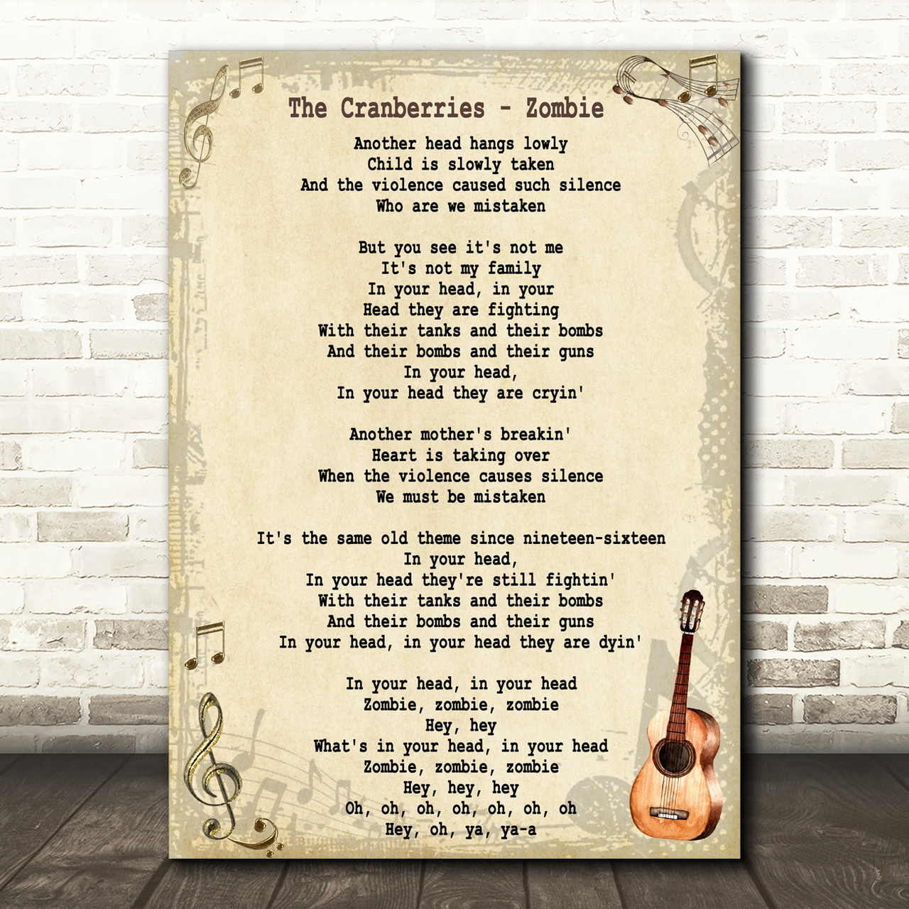 Zombie by The Cranberries Vintage Song Lyrics on Parchment Jigsaw Puzzle