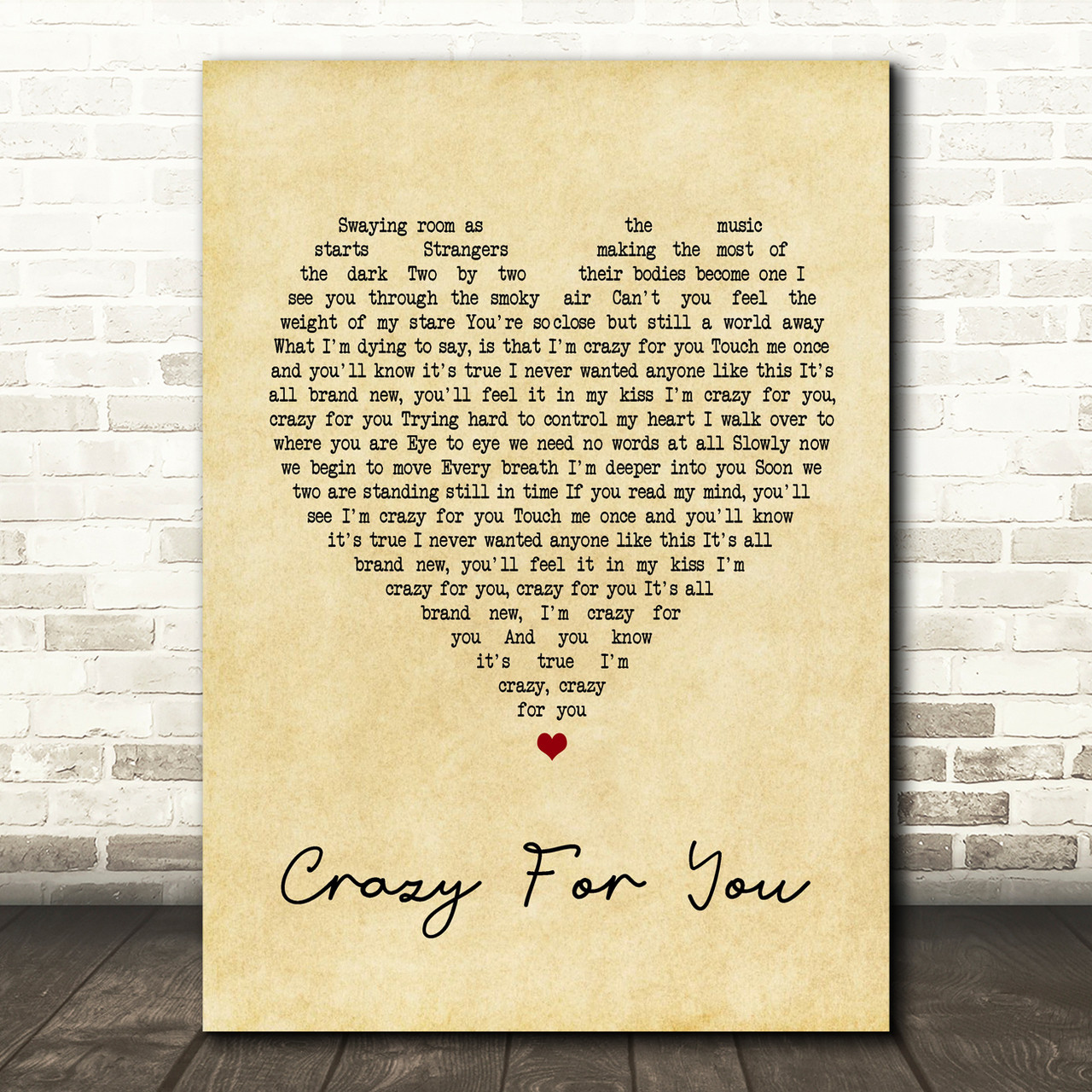 Madonna Crazy For You Vintage Heart Song Lyric Quote Print Red Heart Print