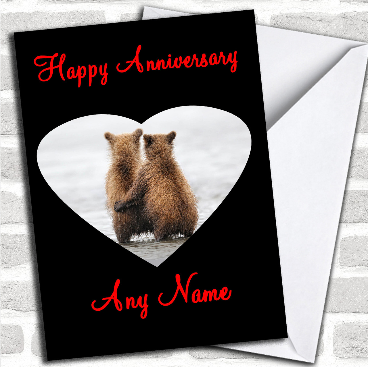 Cuddling Bears Personalized Anniversary Card Red Heart Print