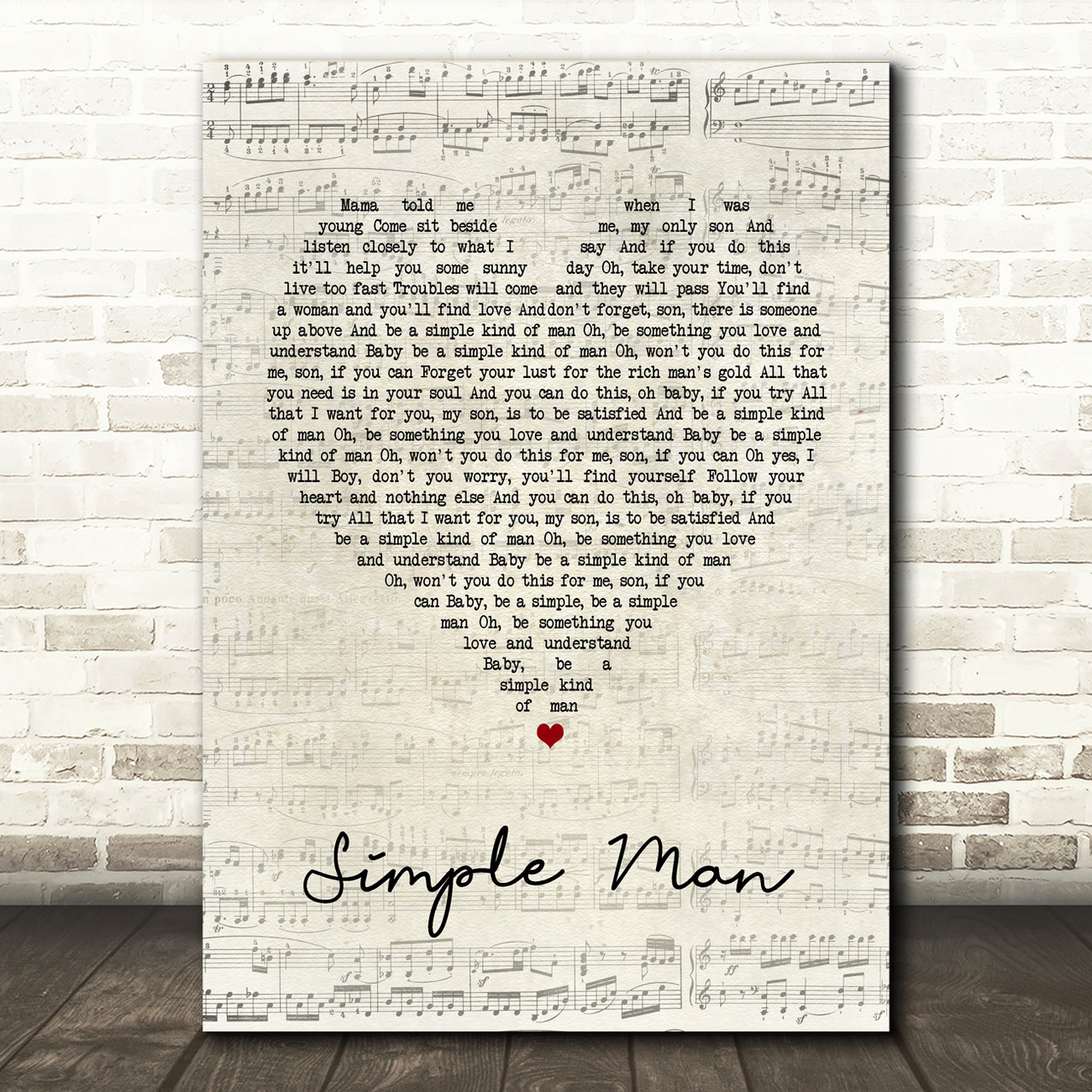 Lynyrd Skynyrd Simple Man Script Heart Song Lyric Print Red Heart Print