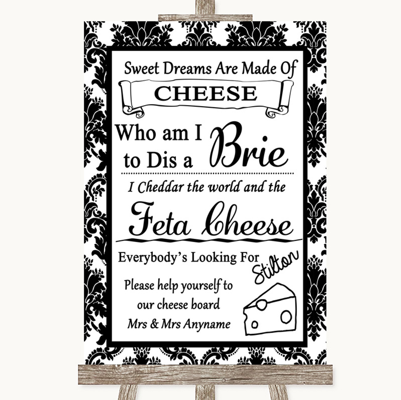 Black & White Cheese Board Song Personalised Wedding Sign 