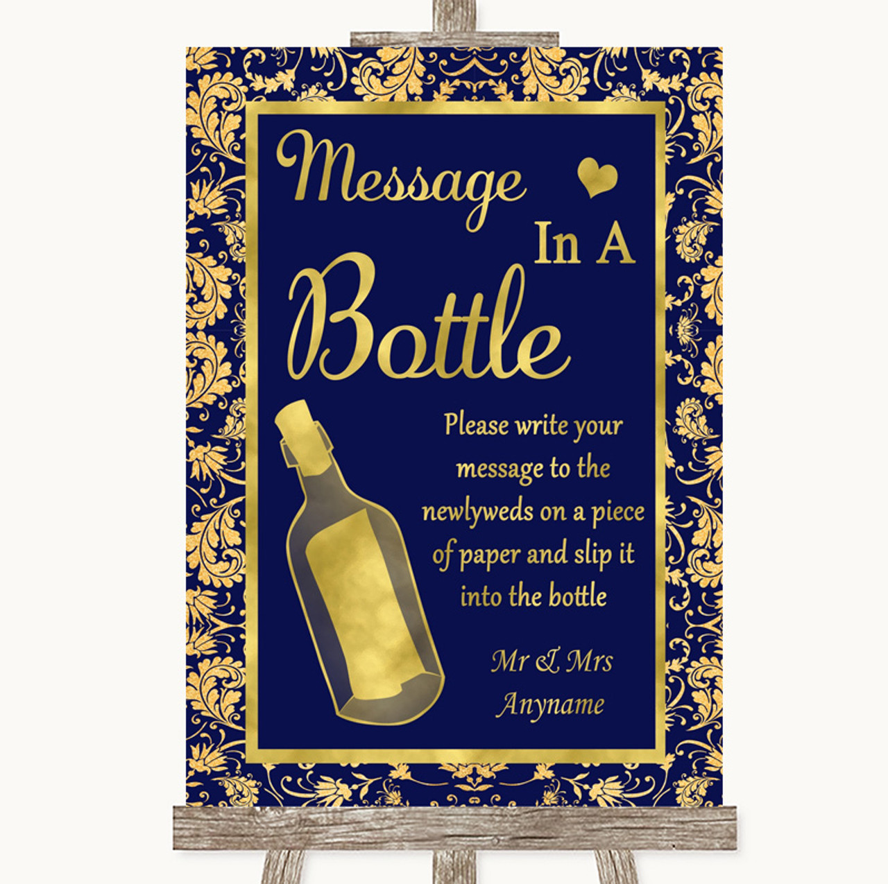 Blue & Gold Message In A Bottle Personalised Wedding Sign 