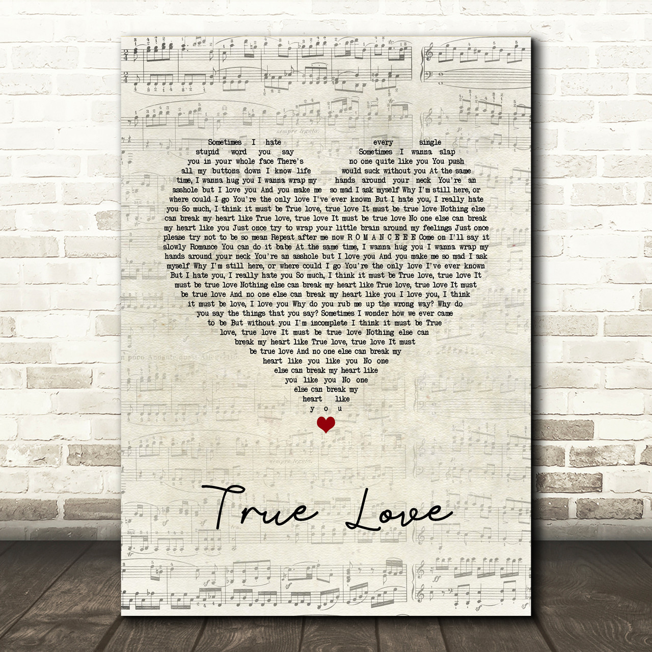 Pink True Love Script Heart Song Lyric Quote Music Poster Print - Red Heart  Print