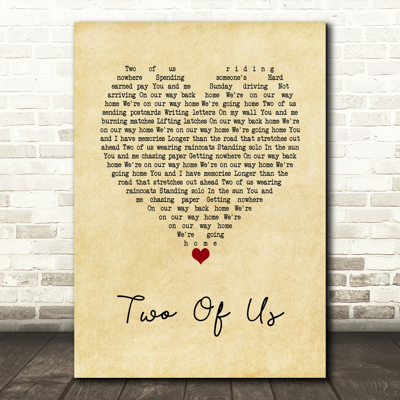 The Beatles Two Of Us Vintage Heart Song Lyric Wall Art Print